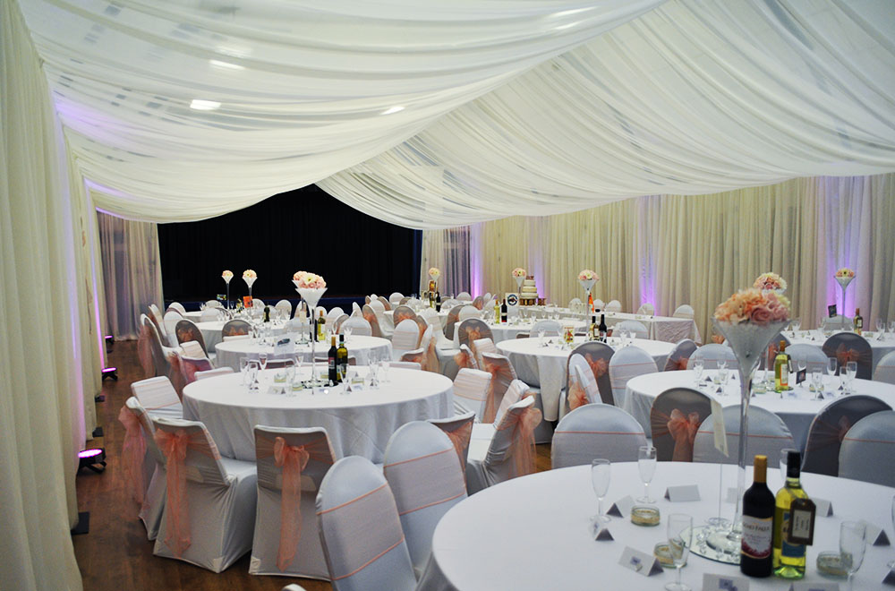 Full room indoor marquee style ceiling and wall drapes at Cricklade Town Hall 