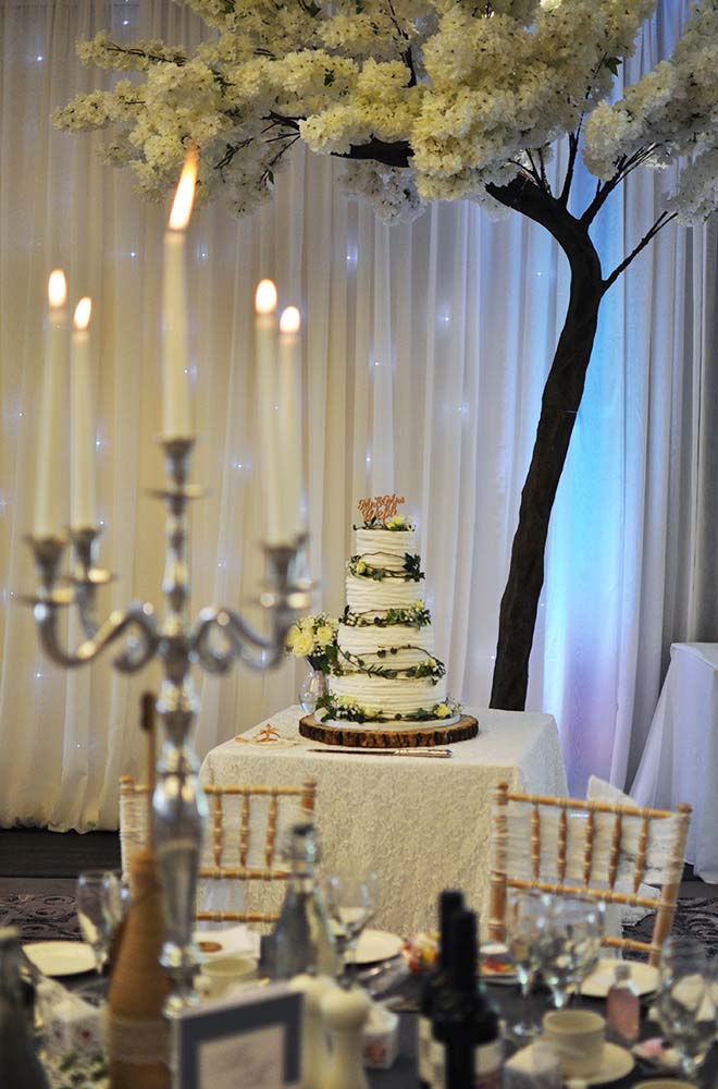 Ivory White blossom tree with a wedding cake and starlit backdrop