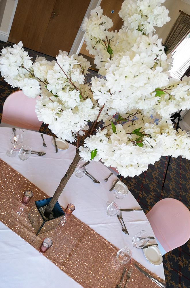 Wedding table centrepiece blossom tree at Wrag Barn Golf Club