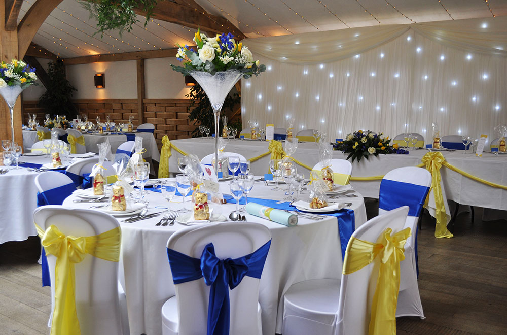 Wedding at Cripps bark with white LED starcloth backdrop and yellow and blue satin chair sashes