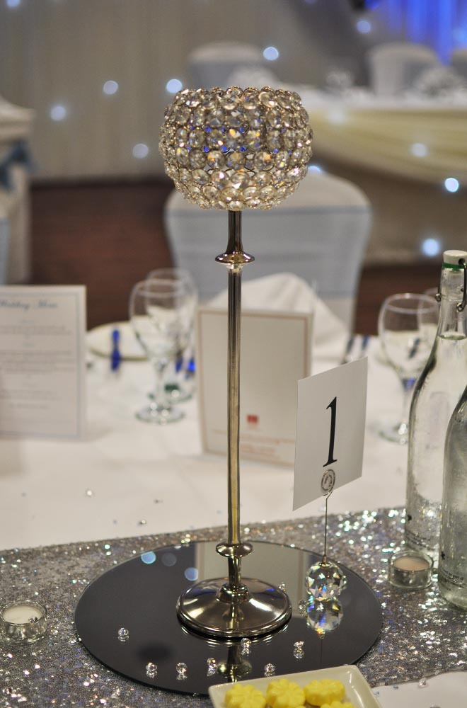 Crystal globe wedding table centrepiece centerpiece with sequin silver runner