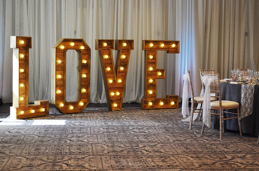 5 foot rustoc wooden tall LED illuminated LOVE letters De Vere Hotel Wedding