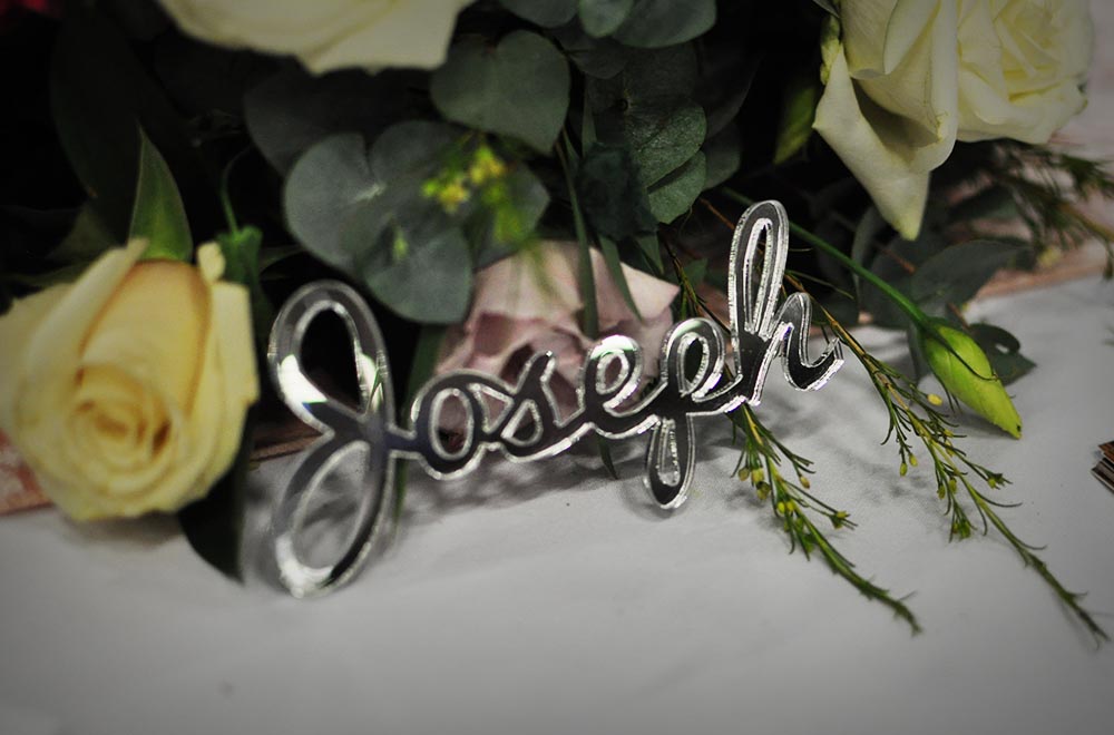 Silver mirror acrylic Laser engraved and cut custom font name place card tag favour gift