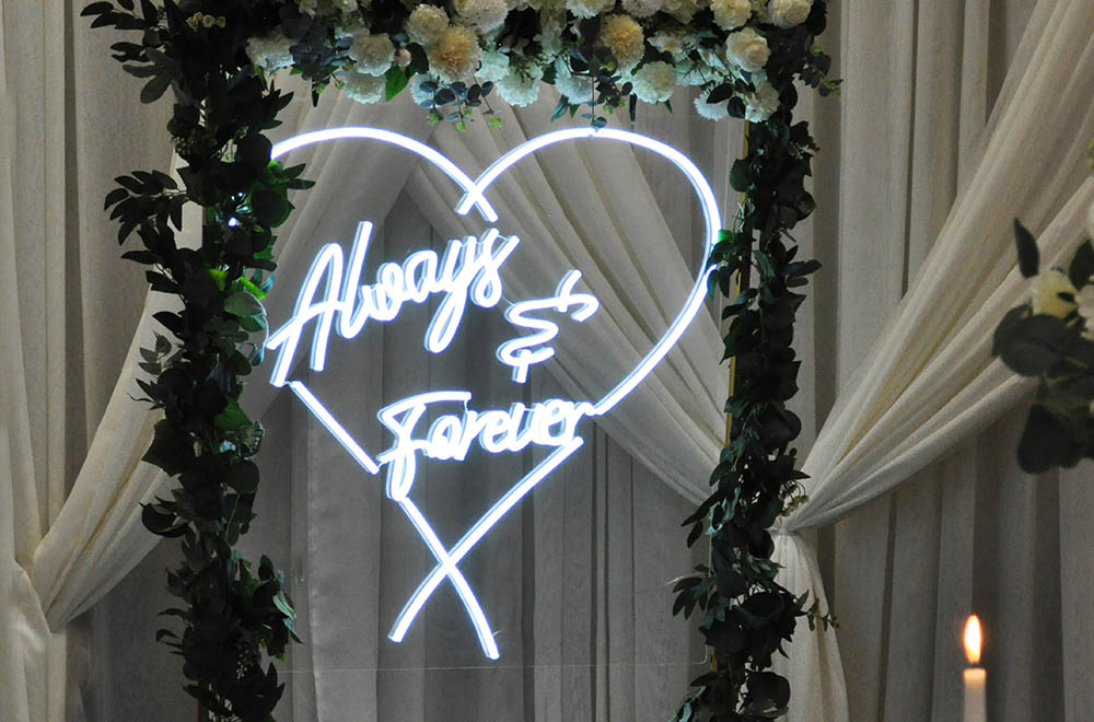 LED white neon wedding sign hanging always and forever wording with heart