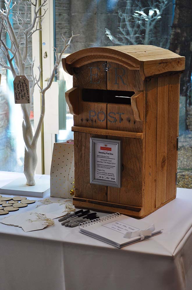Rustic wooden post mail box for wedding cards and personalised name plate