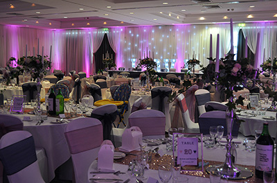 Room drapery, lighting and table decor at the DoubleTree by Hilton Swindon