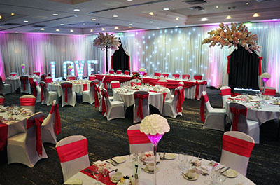 Pink canopy trees for a wedding breakfast at DoubleTree Hilton Hotel Swindon