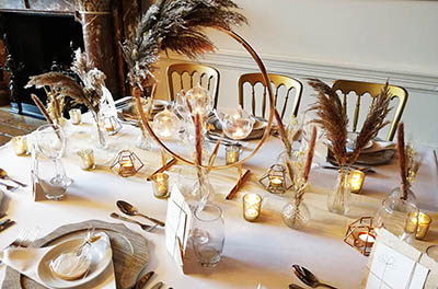 Pampas and geometric styled wedding breakfast table, at Grittleton House