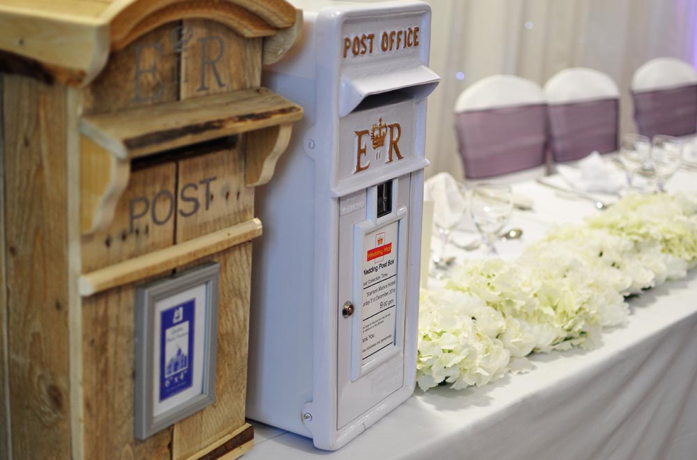 Rustoc wooden or cast iron white post mail box for wedding hire swindon
