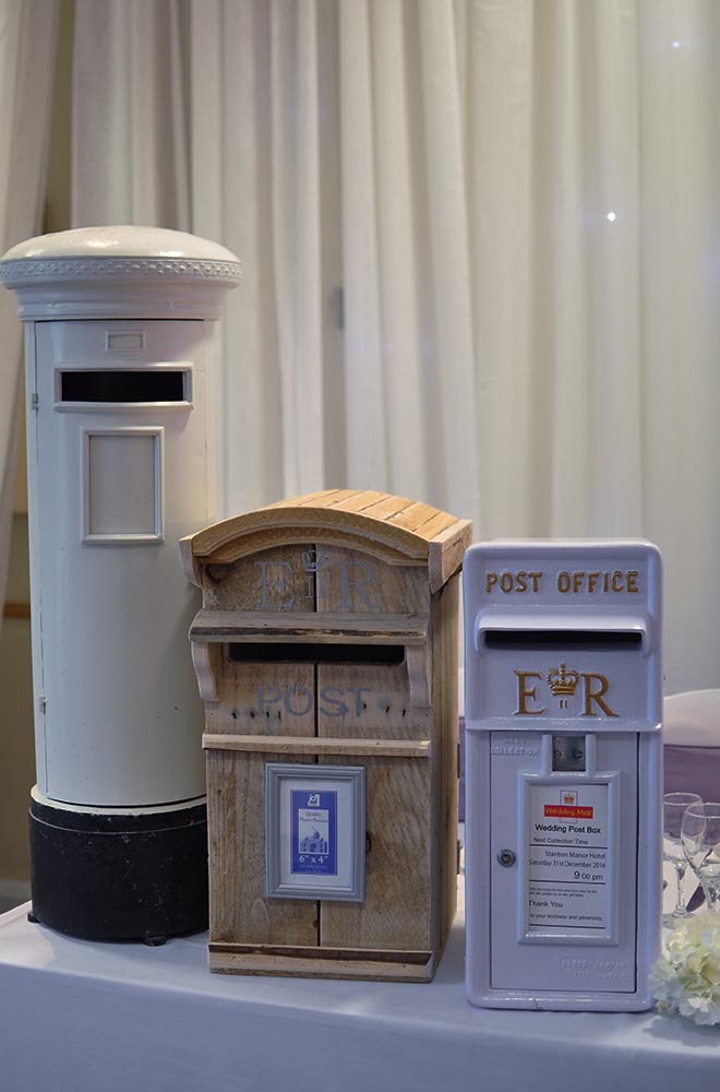 White pillar post box, rustic wooden mail box and cast iron letter box for hire in swindon for wedding cards